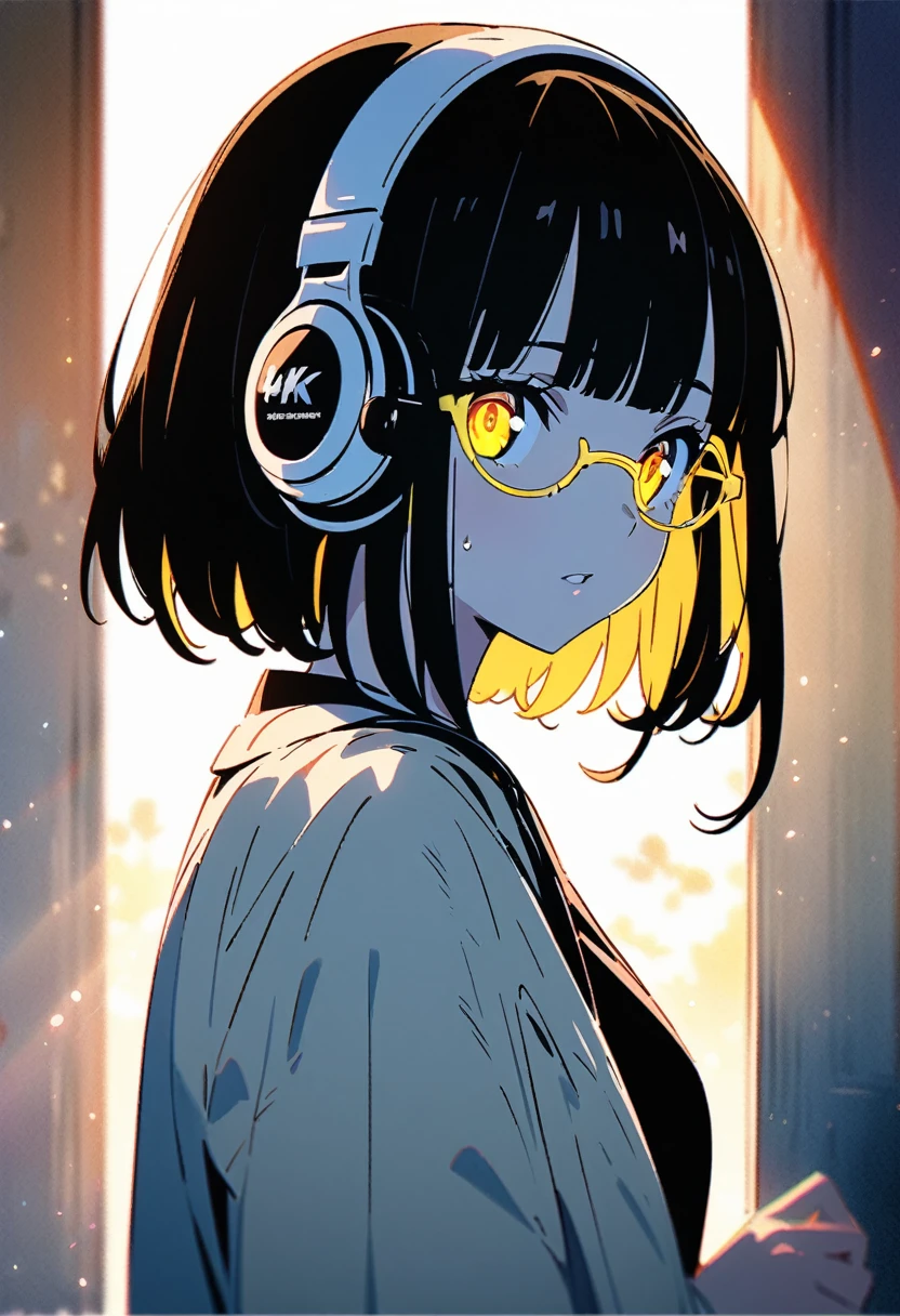 Official art using high-quality hand-drawn watercolor sketch techniques. (best quality,4k,8k,highres,masterpiece:1.2),ultra-detailed,beautiful detailed eyes,A girl with beautiful eyes, everyone, beautiful anime girl, cute anime girl, smooth anime art, anime style, elegant colors, soft lighting, delicate beautiful wet eyes, very coquettish, (((yellow glasses:1.3))), (headphone:1.2), shiny hair, black short hair, blunt bangs (correct hands:1.2),