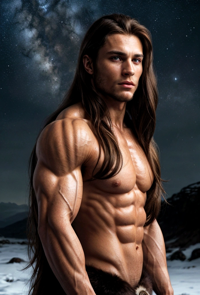 8k, Masterpiece, Raw photography, The best quality, photorealistic, Highly detailed CG Unity 8k wallpaper, depth of field, cinematiclight, .RAW, (Extremely beautiful and charismatic face, (long BROWN hair), Beautiful lips, Beautiful eyes), Intricately detailed face, (Ultra detailed skin), 1 man, In nature, in deep shadows, Beautiful young Scottish man, (very strong and muscular body:1.3), (Great determined look) , (WITH LONG HAIR) , :1.3), (It lasts), (Highlands, dark night, Starry Night, blurred background), long black fur