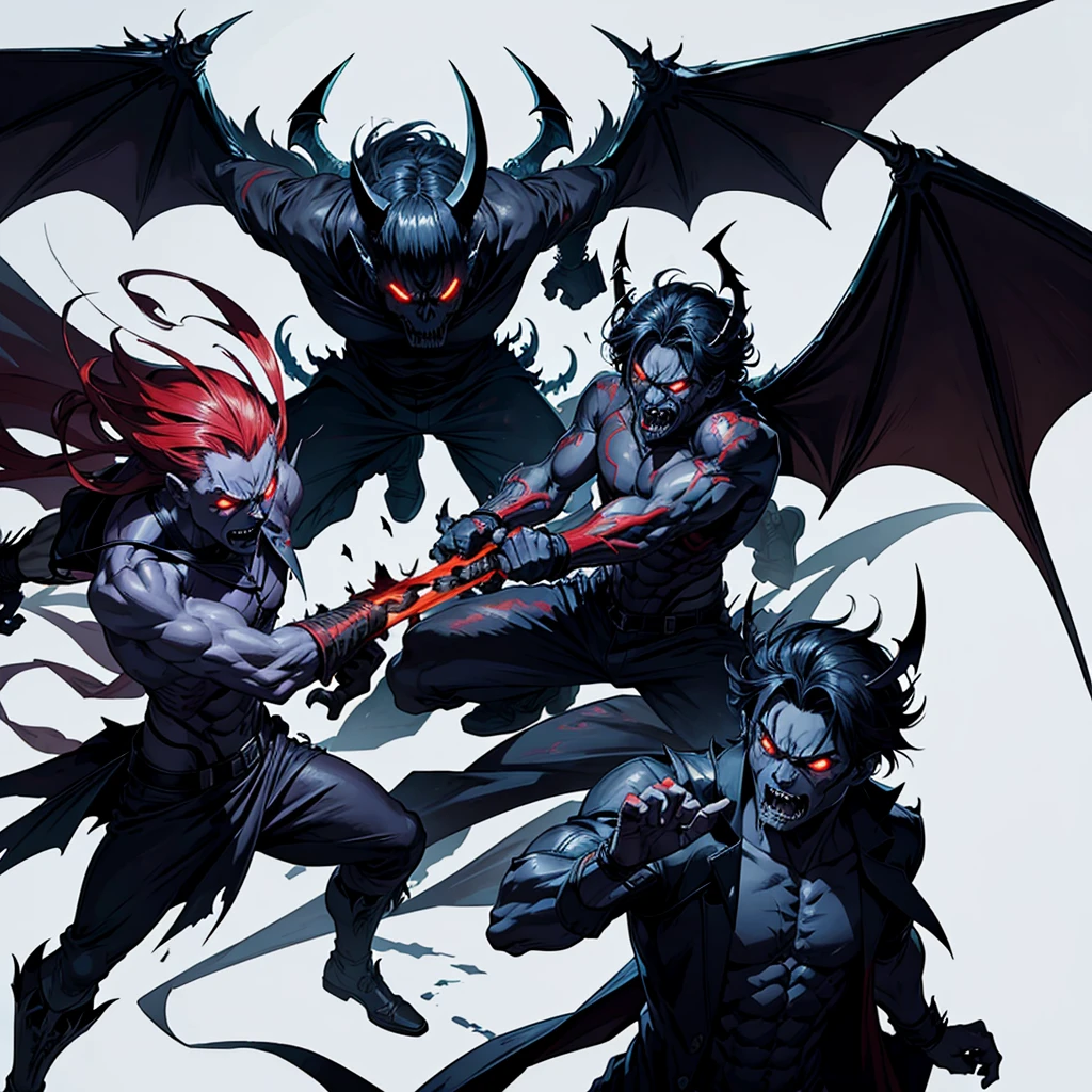 Demon man with angry face, bat wings, skulls and full body in fighting position