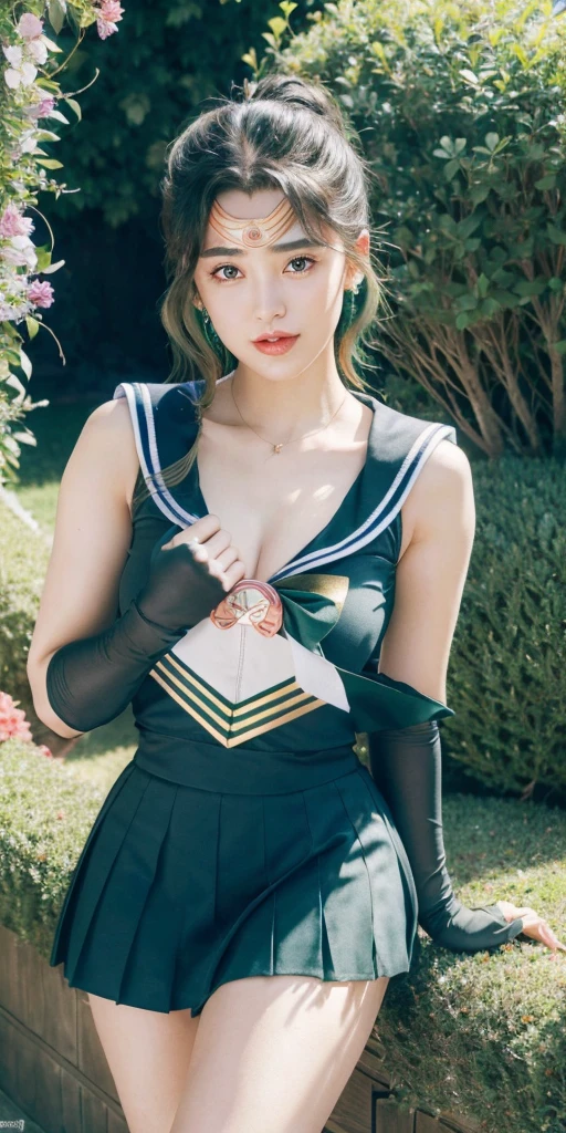 (Extreme Detail CG Unity 8K wallpaper, masterpiece, highest quality), (exquisite lighting and shadow, highly dramatic picture, cinematic lens effect), (Sailor Moon: 1.4), delicate facial features, charming smile, star eyes, ((dark green hair)), tight top, white gloves, mini skirt, dynamic pose, lying in the garden), (background in a garden full of flowers) (excellent detail, outstanding lighting, wide angle), (excellent rendering, enough to be proud of its kind),