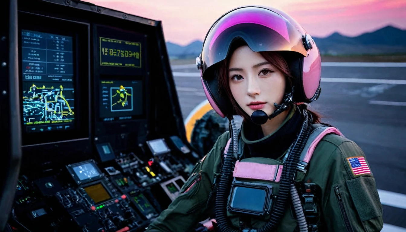 One girl, (Beautiful Face), Female fighter jet pilot, Holding a pilot pink helmet with LED interactive screen and HUD head up display on the visor,Glasses、 Visor-displayed targeting system, Communication Systems, Glassesをかける、Close the visor, Sexy pose, Floating Hair, Are standing, (Upper thigh shot:1.3), DT Helmets, Pink combat suit, Advanced Fighter Background, (Intricate details), High resolution, (Intricate details, Ultra-detailed:1.2), Cinematic shots, ((masterpiece, high quality, 最high quality, Official Art, Beautiful and aesthetic, Detailed face, 、Glasses)