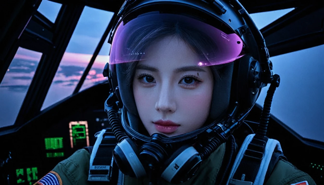 One girl, (Beautiful Face), Female fighter jet pilot, Holding a pilot pink helmet with LED interactive screen and HUD head up display on the visor,Glasses、 Visor-displayed targeting system, Communication Systems, Glassesをかける、Close the visor, Sexy pose, Floating Hair, Are standing, (Upper thigh shot:1.3), DT Helmets, Pink combat suit, Advanced Fighter Background, (Intricate details), High resolution, (Intricate details, Ultra-detailed:1.2), Cinematic shots, ((masterpiece, high quality, 最high quality, Official Art, Beautiful and aesthetic, Detailed face, 、Glasses)