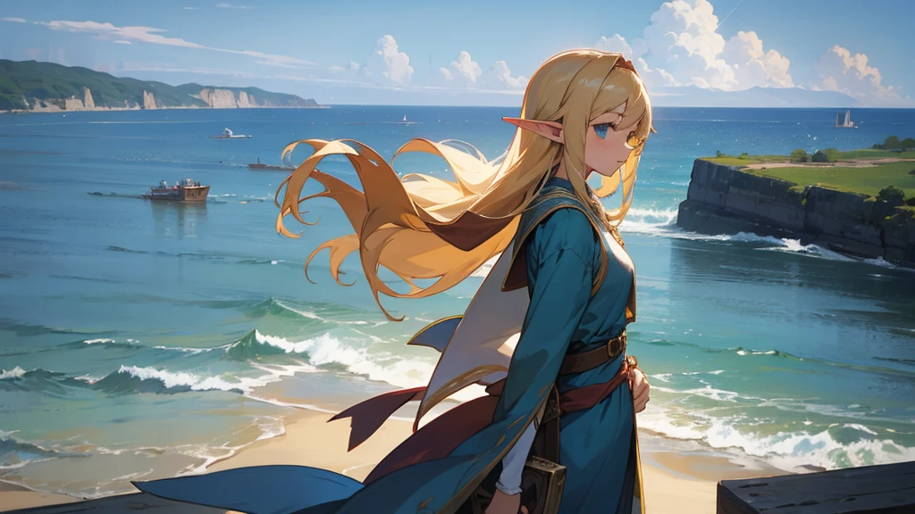 Anime Style,Nostalgic,Detailed background,The medieval world,Seaside,Beautiful sky,Beautiful Elf with a Bard's Smile,guitar,Large Breasts,Healthy thighs