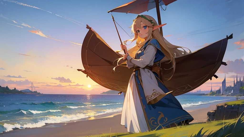 Anime Style,Nostalgic,Detailed background,The medieval world,Seaside,Beautiful sky,Beautiful Elf with a Bard&#39;s Smile,guitar,Large Breasts,Healthy thighs