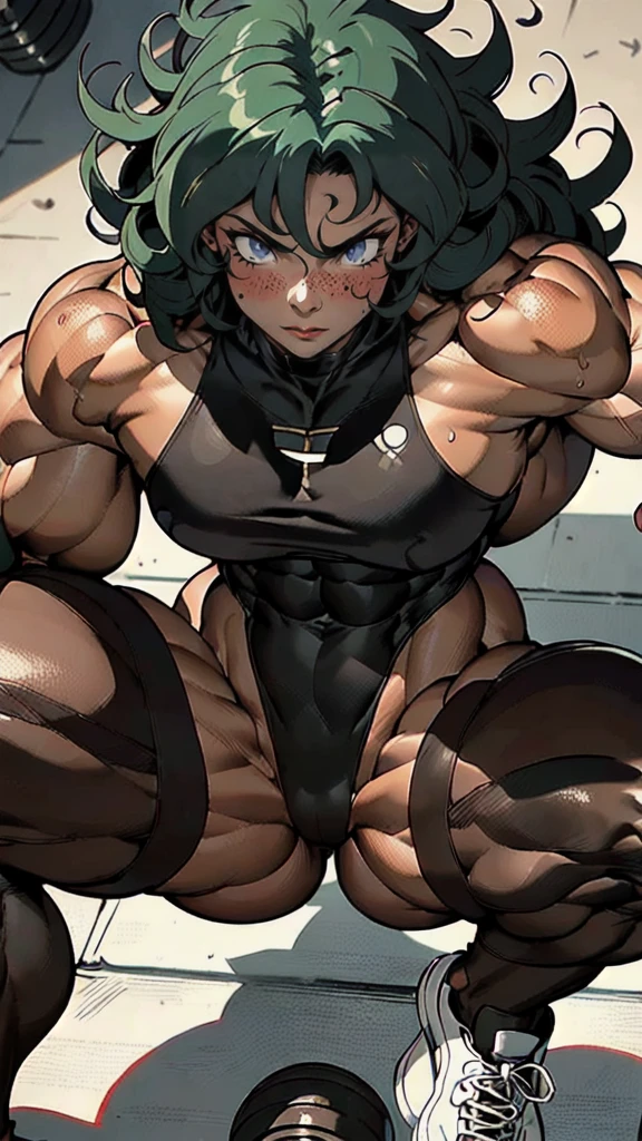 (athletic muscular body), {{{(((african american)))}}}, {{{((( (glossy) (smooth) ((dark brown skin)) )))}}}, (((pro wrestler))), (((kunoichi))), {{{(((24-year-old)))}}}, {{{(((young woman)))}}}, (((tomboy))), (((stoic))), (((bored))), (((emotionless))), (((wolflike))), ( ((messy)) ((curly)) (((long))) (dark mint green hair) ), (big intense (silver eyes) ), (small breasts), toned abs, {{{(((strong leg muscles)))}}}, toned biceps, toned forearms, toned deltoids, toned triceps, toned erector spinae, toned rhomboids, toned hamstring muscles, firm muscular glutes ,{{{(((strong back muscles)))}}}, (((thick muscular trapezius))), (((big muscular latissimus))), toned quadriceps, toned gastrocnemius, toned soleus, amazing ass, nipples, cameltoe, (((wearing a ( skintight (black) leotard ) ))), (((black sneakers))), {{{(((bare legs)))}}}, (sweating), (sweat), (struggling),{{{(((training to failure)))}}}, {{{(((alone in her private training dojo)))}}}, {{{(((sitting on a workout bench)))}}}, {{{(((doing a (bicep curl) with a giant heavy dumbbell in one arm)))}}}, {{{(((one silver dumbbell)))}}}, {{{(((low-key lighting)))}}}, {{{(((midnight)))}}},{{{(((great anatomy)))}}}, {{{(((high muscle mass)))}}}, {{{(((well-trained muscles)))}}}, {{{(((well-toned muscles)))}}}, {{{(((best quality)))}}},
{{{(((atmospheric)))}}},{{{(((masterpiece)))}}}, {{{(((close-up)))}}}, {{{(((90s anime)))}}}