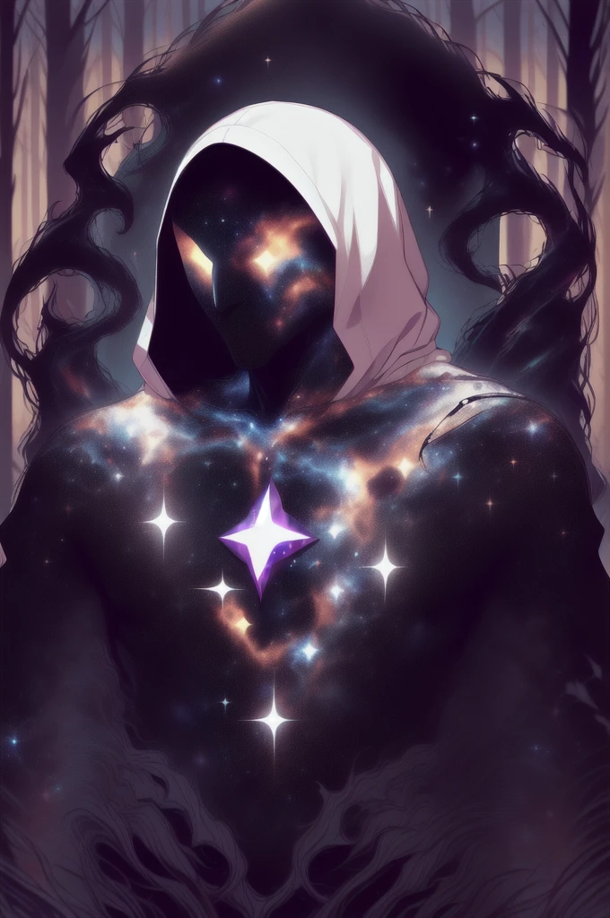 dark celestialskin body , void cosmic body, colored skin, flat color, jet black skin, wearing a white cloak, hood on, open book infront of him, silhouette,1boy,
portrait, upper body,in a forest ,
