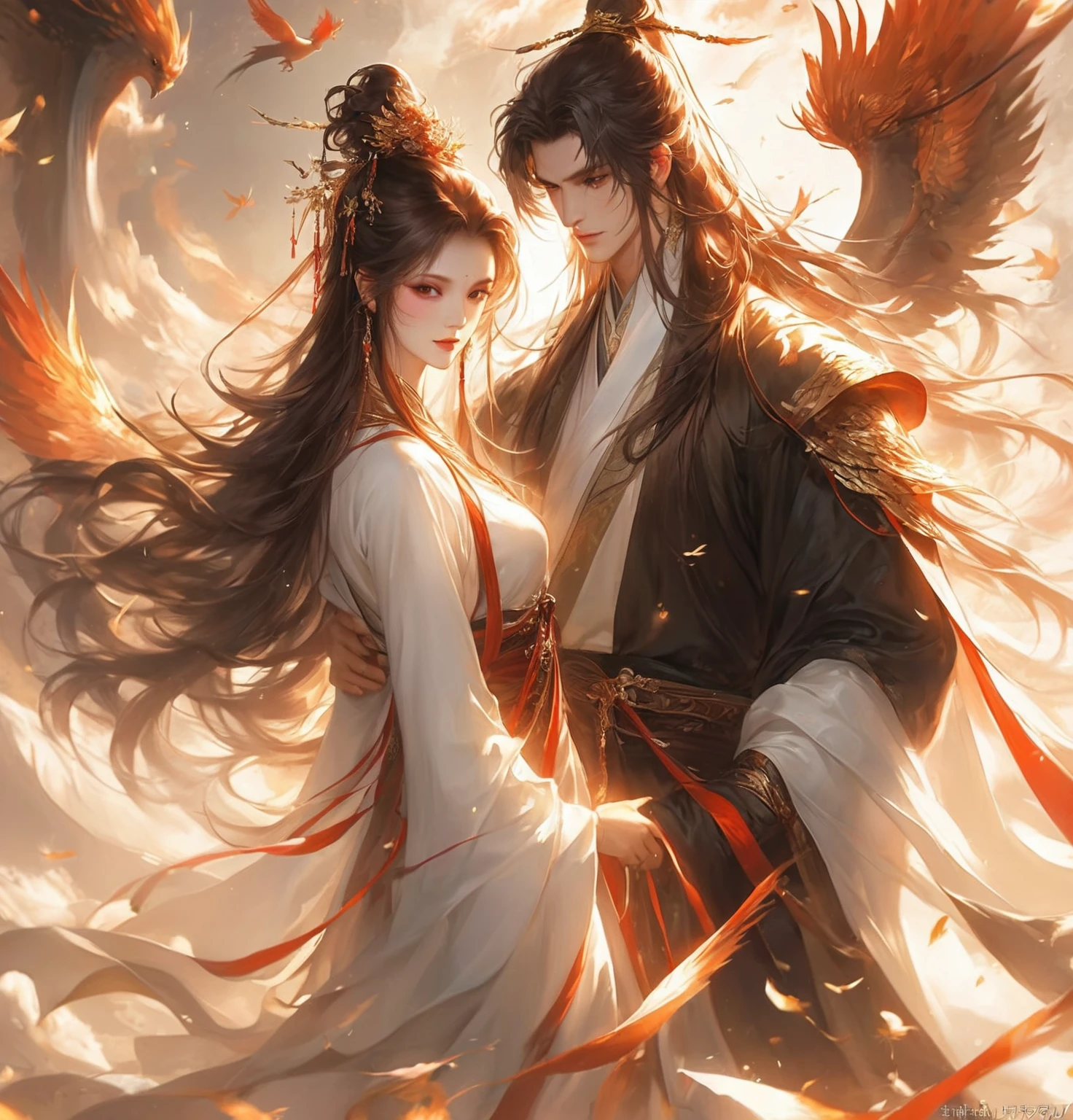 Japanese cartoons, couple, fantasy, Art, couple, wing, Asia, Asia Art, author:Yang J, Long flowing hair and robes, Wing Wall and Shurak, xianxia fantasy, Full body martial arts, Artgerm and ruan jia, ruan jia and Artgerm, WLOP 和 Sakimichan, flowing white robe,Man with red hair