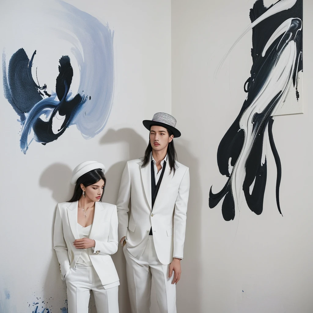 a fashionably dressed man with an air of sophistication along with his very beautiful female partner. He wore casual yet elegant clothes, consisting of a suit, stylish hat. He wore white trousers and an elegant jacket with high healing. The background is a wall with a stunning mix of ink splashes, creating a modern and artistic atmosphere. Playful ink splashes mix with the splendor of the painting, striking a harmonious balance between style and creativity. The couple's confident poses and the artist's skillful brushwork come together to create an image of unsurpassed elegance and refinement.fashion, photo
