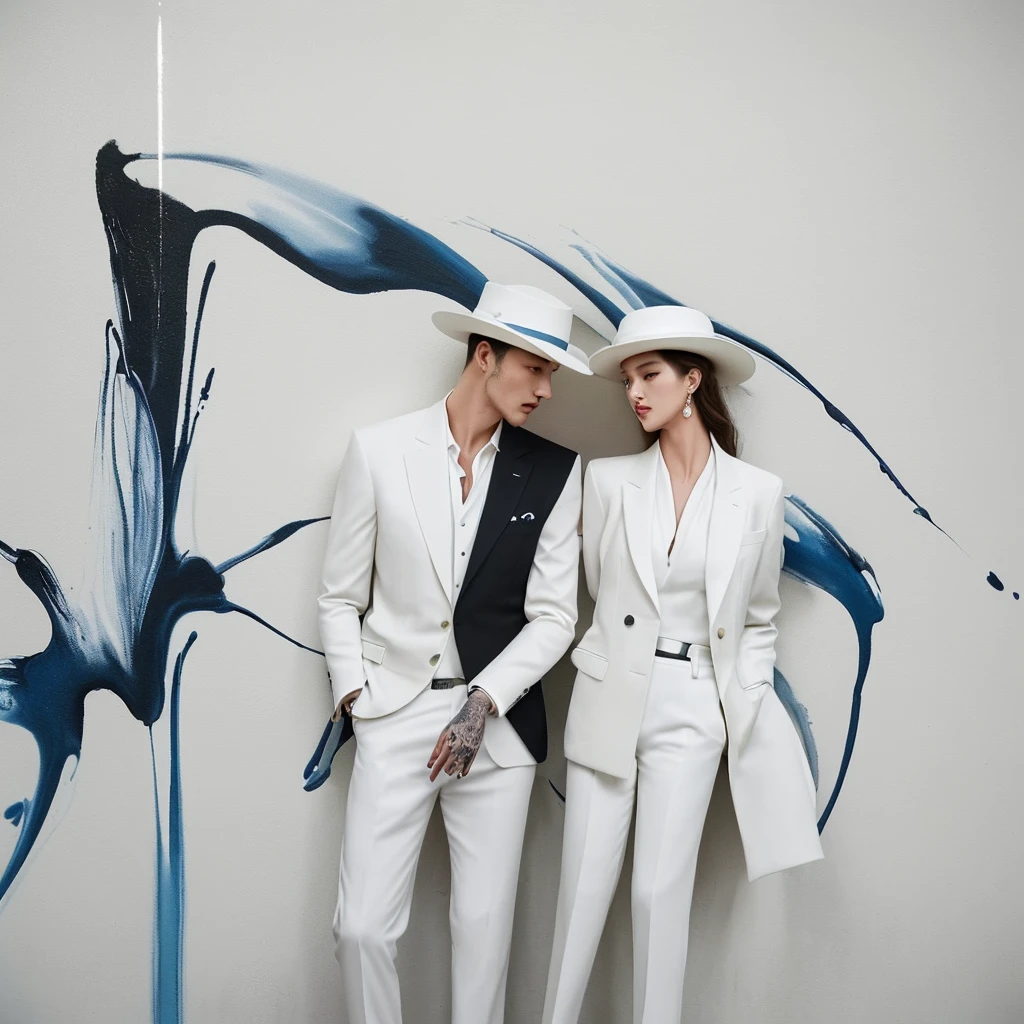 a fashionably dressed man with an air of sophistication along with his very beautiful female partner. He wore casual yet elegant clothes, consisting of a suit, stylish hat. He wore white trousers and an elegant jacket with high healing. The background is a wall with a stunning mix of ink splashes, creating a modern and artistic atmosphere. Playful ink splashes mix with the splendor of the painting, striking a harmonious balance between style and creativity. The couple's confident poses and the artist's skillful brushwork come together to create an image of unsurpassed elegance and refinement.fashion, photo