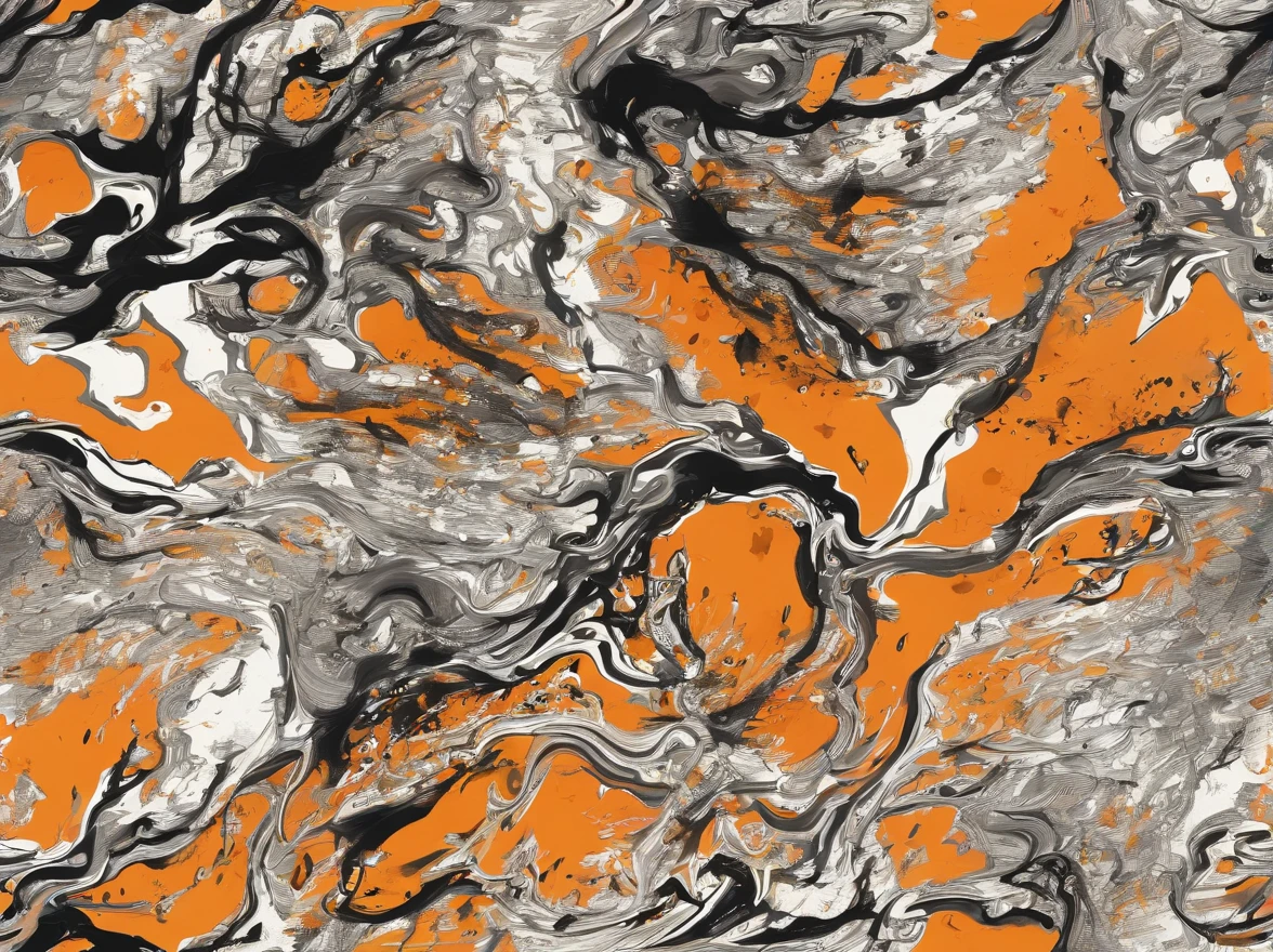 The word NARANJA writen in Calligraphy in black china ink with an orange white and yellow dripping paint font in the style of jackson pollock