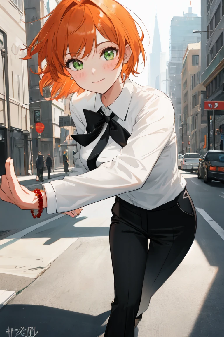 masterpiece, best quality, highly detailed background, perfect lighting, best quality, (extremely detailed face), volumetric lighting, intricate details, shadow, tonemapping, sharp focus, hyper detailed, trending on Artstation, (solo)
BREAK
(Blush, orange hair, green eyes, 25 years old, short hair, medium build, medium breasts ), (hands)
BREAK
((White shirt, long sleeve shirt, black pants, black tie, red bracelet))
BREAK
(city street )
BREAK
(Standing, facing_viewer,looking_at_viewer, light smile, closed mouth, (dynamic pose))