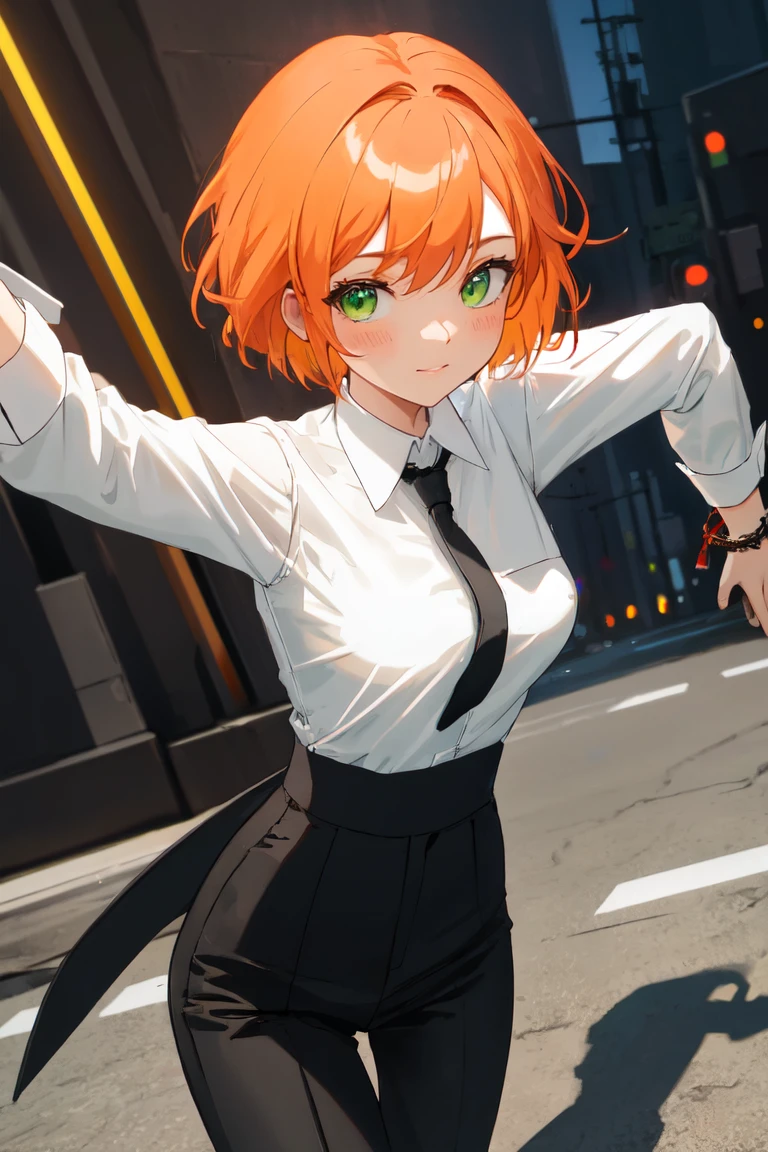 masterpiece, best quality, highly detailed background, perfect lighting, best quality, (extremely detailed face), volumetric lighting, intricate details, shadow, tonemapping, sharp focus, hyper detailed, trending on Artstation, (solo)
BREAK
(Blush, orange hair, green eyes, 25 years old, short hair, medium build, medium breasts ), (hands)
BREAK
((White shirt, long sleeve shirt, black pants, black tie, red bracelet))
BREAK
(city street )
BREAK
(Standing, facing_viewer,looking_at_viewer, light smile, closed mouth, (dynamic pose))