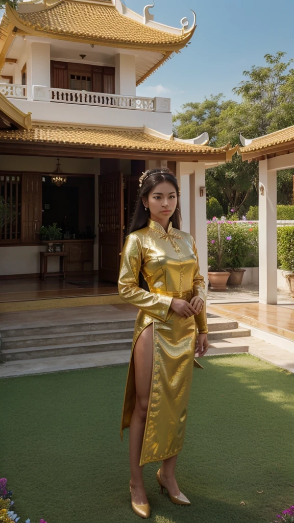3d,1080hd,contrast,oilposertcolors masterpice, a Thai hotstar in lightgold cropped national costume, she standing gracefuly on yard palace, pool, wildflowers,