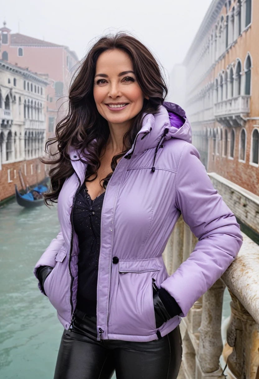 Create a realistic full-length photograph of a European woman of Russian origin, brunette, 45 years old, with long wavy black hair moving in the air, ((body with hourglass curves)), semicircular and sagging breasts, beautiful angelic face , made up, dressed in lilac jeans and with high black leather boots that reach the middle of her thighs, a very thick down jacket for the snow and rain that is falling at that moment in lilac and black, lilac leather gloves on your hands against the cold. and a lot of fog with snowflakes on the Bridge of Sighs in Venice, she poses for the photographer and smiles affectionately, the tourists smile at her side and greet her with joy, in the background you can see the buildings of the Paza, better photography, More Reasonable Details