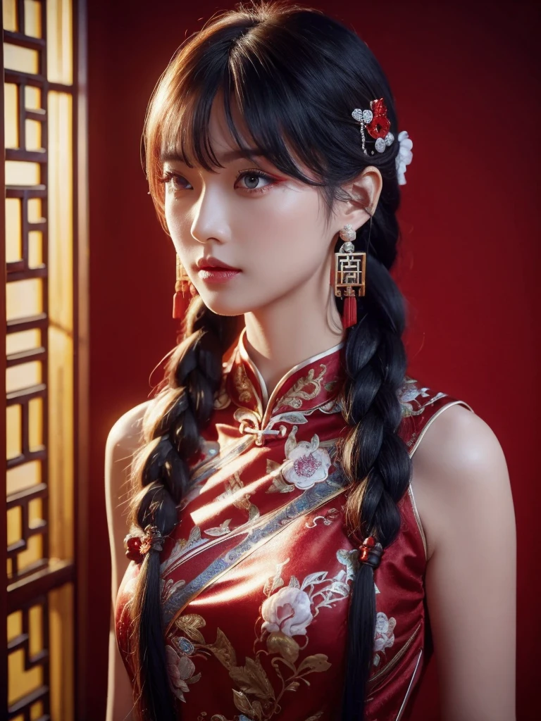 vibrant colors, female, masterpiece, sharp focus, best quality, depth of field, cinematic lighting, white hair, red eyes, braid, dress, long hair, red eyes, tattoo, earrings, jewelry, black dress, hair ornament, bangs, chinese clothes, sleeveless, close up photo