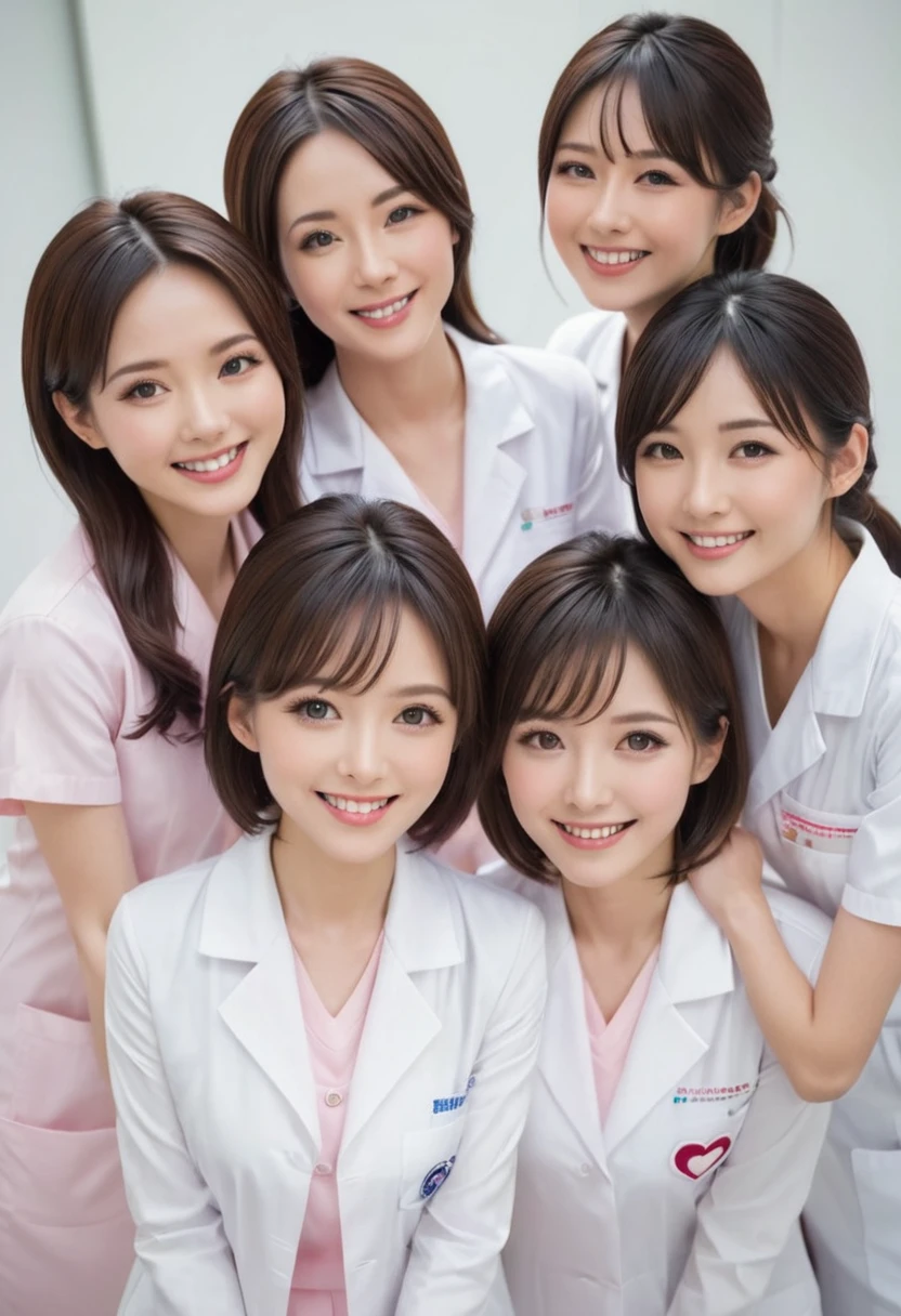 (smiling women with hands making heart shape), 3girls, Beautiful Japanese female doctor wearing white labcoat, cute Japanese female nurse wearing fitted pink nurse dress , beautiful detailed face, Japanese woman, pale skin, realistic skin, detailed cloth texture, detailed hair texture, Perfect proportion, Beautiful Face, accurate, Anatomically correct, Highly detailed face and skin texture , looking at viewer
