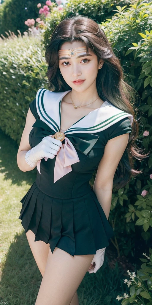 (Extreme Detail CG Unity 8K wallpaper, masterpiece, highest quality), (exquisite lighting and shadow, highly dramatic picture, cinematic lens effect), (Sailor Moon: 1.4), delicate facial features, charming smile, star eyes, ((dark green hair)), tight top, white gloves, mini skirt, dynamic pose, lying in the garden), (background in a garden full of flowers) (excellent detail, outstanding lighting, wide angle), (excellent rendering, enough to be proud of its kind),