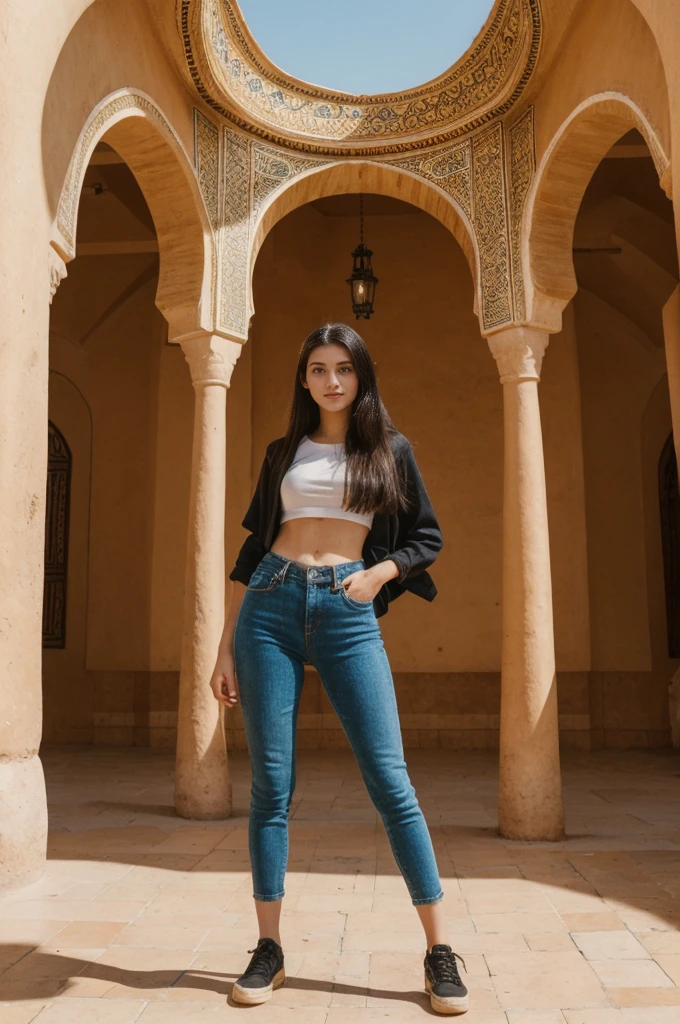 her name is Annie, high quality, 1girl, ((20-year-old fit Caucasian woman)), ((20 years old)), ((fit)) black long hair, pose: standing, wearing bright colored unique g gen Z modern wear, BACKGROUND: In the heart of the bustling souks and ornate palaces of Marrakech, with the Atlas Mountains in the background