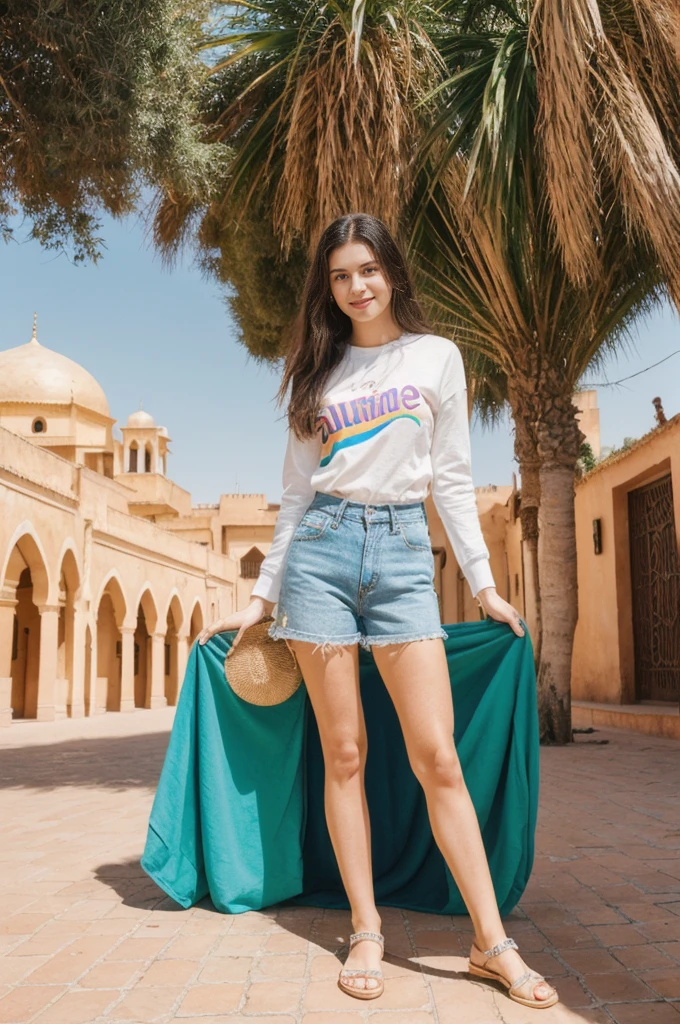 her name is Annie, high quality, 1girl, ((20-year-old fit Caucasian woman)), ((20 years old)), ((fit)) black long hair, pose: standing, wearing bright colored unique g gen Z modern wear, BACKGROUND: In the heart of the bustling souks and ornate palaces of Marrakech, with the Atlas Mountains in the background