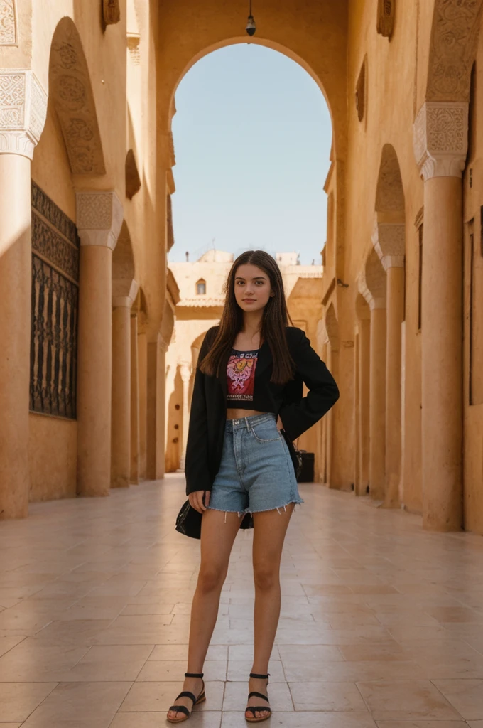 her name is Annie, high quality, 1girl, ((20-year-old fit Caucasian woman)), ((20 years old)), ((fit)) black long hair, pose: standing, wearing bright colored unique g gen Z modern wear, BACKGROUND: In the heart of the bustling souks and ornate palaces of Marrakech, with the Atlas Mountains in the background
