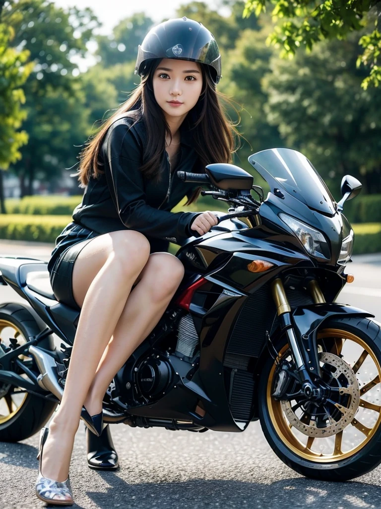One motorcycle、parking、(Highest quality)、((Very detailed))、4K、(8K)、masterpiece、Very detailedな、Highest quality、Super Resolution、1 person、Kind Face、Soft Light、RAW quality、Soft Skin、163cm、30 years old、Long Hair、woman、Have a helmet、Waist、foot