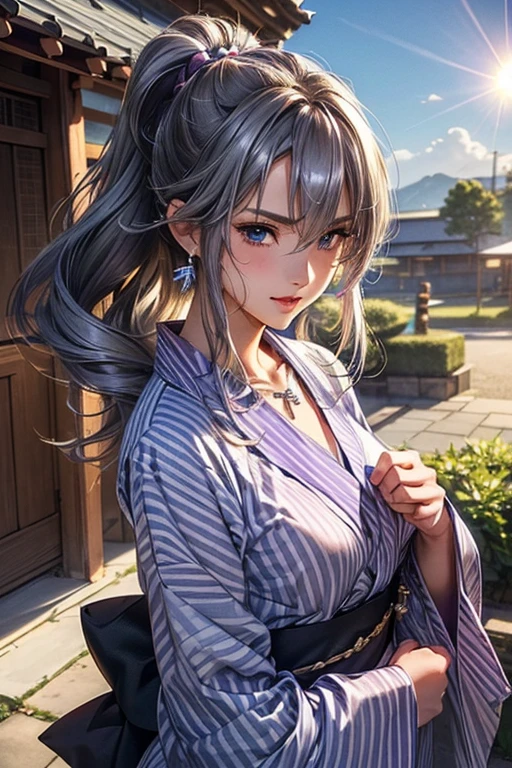 #Basics A girl is posing for a photo, animeのかわいい女の子, (((One Girl, , 16 years ak 

#Clothing Accessories 
((Purple and white)yukata : Stripe pattern + Blue Band + Long sleeve + Wide sleeves, ability), 
(big silver necklace, Silver Earrings, Hair Clip), 
break 

#Features 
(Purple Hair:1.4, Chest-length sideburns:1.4 + Curly Hair:1.4, Big ponytail : Hair blowing in the wind + Very long hair + Curly Hairで横に広がるボリュームのある髪 + Hair curled outward), 
(Droopy eyes,blue eyes), (Small breasts), 
break 

#Performance 
(smile), 
#background environment 
((noon, sunlight + shrine + Rural Scenery)), 
#composition 
(Engage your audience:1.4, Aggressive Pose:1.4, Cowboy Shot:1.4), 
break 

#Body parts elements 
(Beautiful Hair,Shiny Hair), 
(double eyelid, Long eyelashes), 
(細かい目のPerformance, Beautiful and delicate eyes, Sparkling eyes, Eye Reflexes), 
(Human Ear), 
(Beautiful Nose, Thin Nose), 
(Glossy Lips, Beautiful Lips, Thick lips), (Symmetrical facial features), 
(Detailed skin, Textured skin, Beautiful Skin), 
break 

#quality 
(((最高quality)), ((masterpiece)), ((Very detailed))), ((High resolution), (16K,1080P)), 
(Realistic), (Anatomically correct), 
((comics, anime)), (3DCG), CG illustration,
