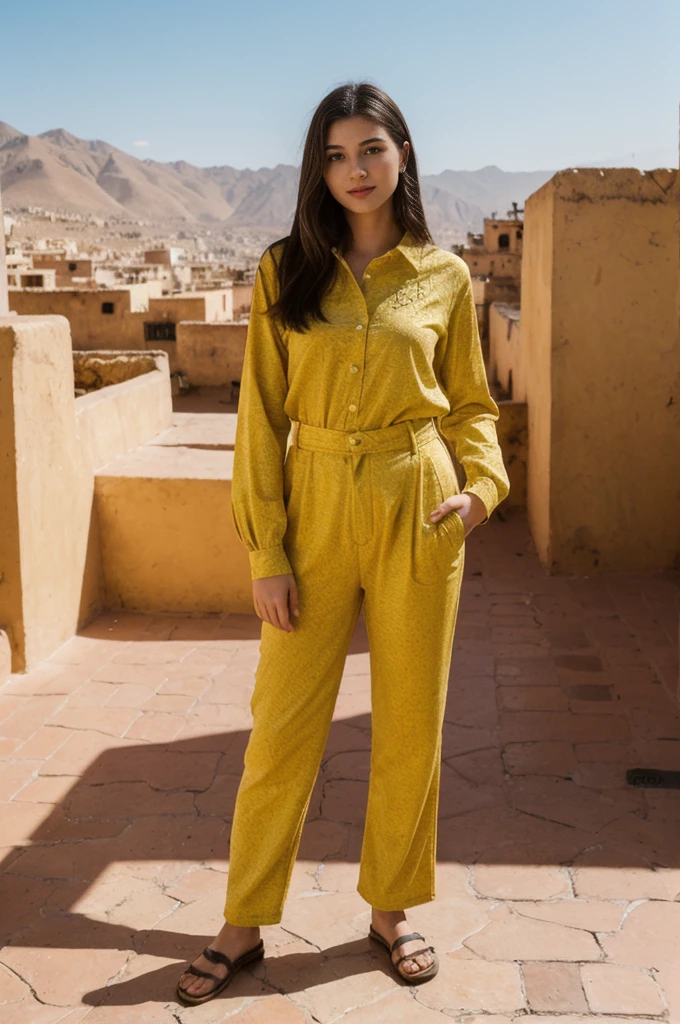 her name is Annie, high quality, 1girl, ((20-year-old fit Caucasian woman)), ((20 years old)), ((fit)) black long hair, pose: standing, wearing bright colored unique g gen Z modern wear, BACKGROUND: In the heart of the bustling souks and ornate palaces of Marrakech, with the Atlas Mountains in the background