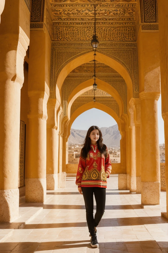 her name is Annie, high quality, 1girl, ((20-year-old fit Caucasian woman)), ((20 years old)), ((fit)) black long hair, pose: standing, wearing bright colored unique g gen Z modern wear, BACKGROUND: In the heart of the bustling souks and ornate palaces of Marrakech, with the Atlas Mountains in the background