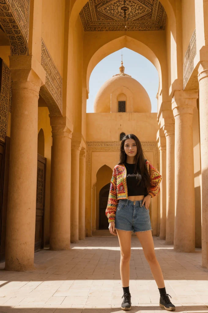 her name is Annie, high quality, 1girl, ((20-year-old fit Caucasian woman)), ((20 years old)), ((fit)) black long hair, pose: standing, wearing bright colored unique g gen Z modern wear, BACKGROUND: In the heart of the bustling souks and ornate palaces of Marrakech, with the Atlas Mountains in the background