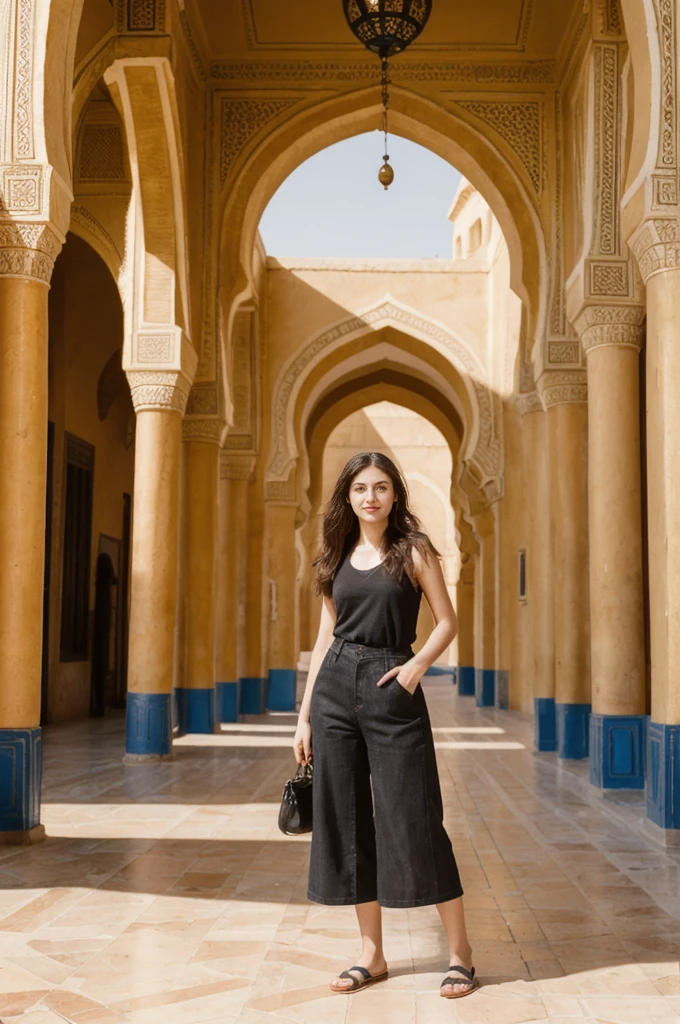 her name is Annie, high quality, 1girl, ((20-year-old fit Caucasian woman)), ((20 years old)), ((fit)) black long hair, pose: standing, wearing bright colored unique g gen Z modern wear, BACKGROUND: In the heart of the bustling souks and ornate palaces of Marrakech, with the Atlas Mountains in the background