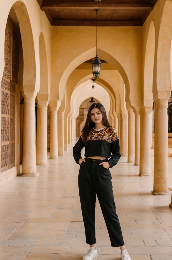 her name is Annie, high quality, 1girl, ((20-year-old fit Caucasian woman)), ((20 years old)), ((fit)) black long hair, pose: standing, wearing bright colored unique g gen Z modern wear, BACKGROUND: In the heart of the bustling souks and ornate palaces of Marrakech, with the Atlas Mountains in the background