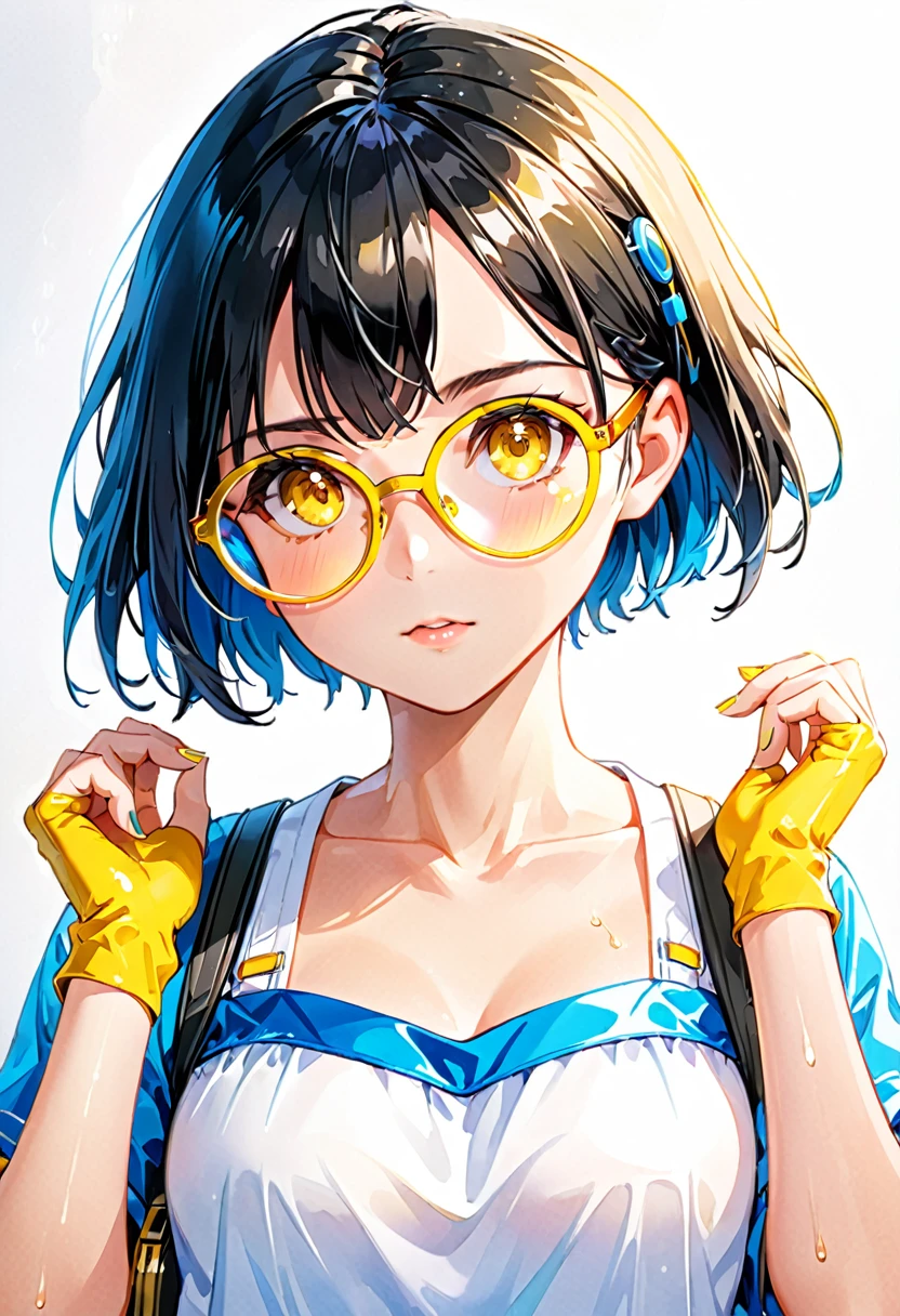 masterpiece, best quality, ultra-detailed, illustration, an extremely delicate and beautiful,high resolution, ultra-detailed,,perfect face,slender perfect body, Tight belly,Toned buttocks,Constricted waist,,(1 girl to band,guitar:1.7), ,(1girl to colorful hair),(big smile),glasses, (big tattoo),(1girl to very short hair), shy daughter, short stature,(rock and roll star:1.3),(small breasts),on a luxurious stage), (band girl), (wet:1.2),((very wide shot )),( sweaty skin:1.2),(low view:1.5)