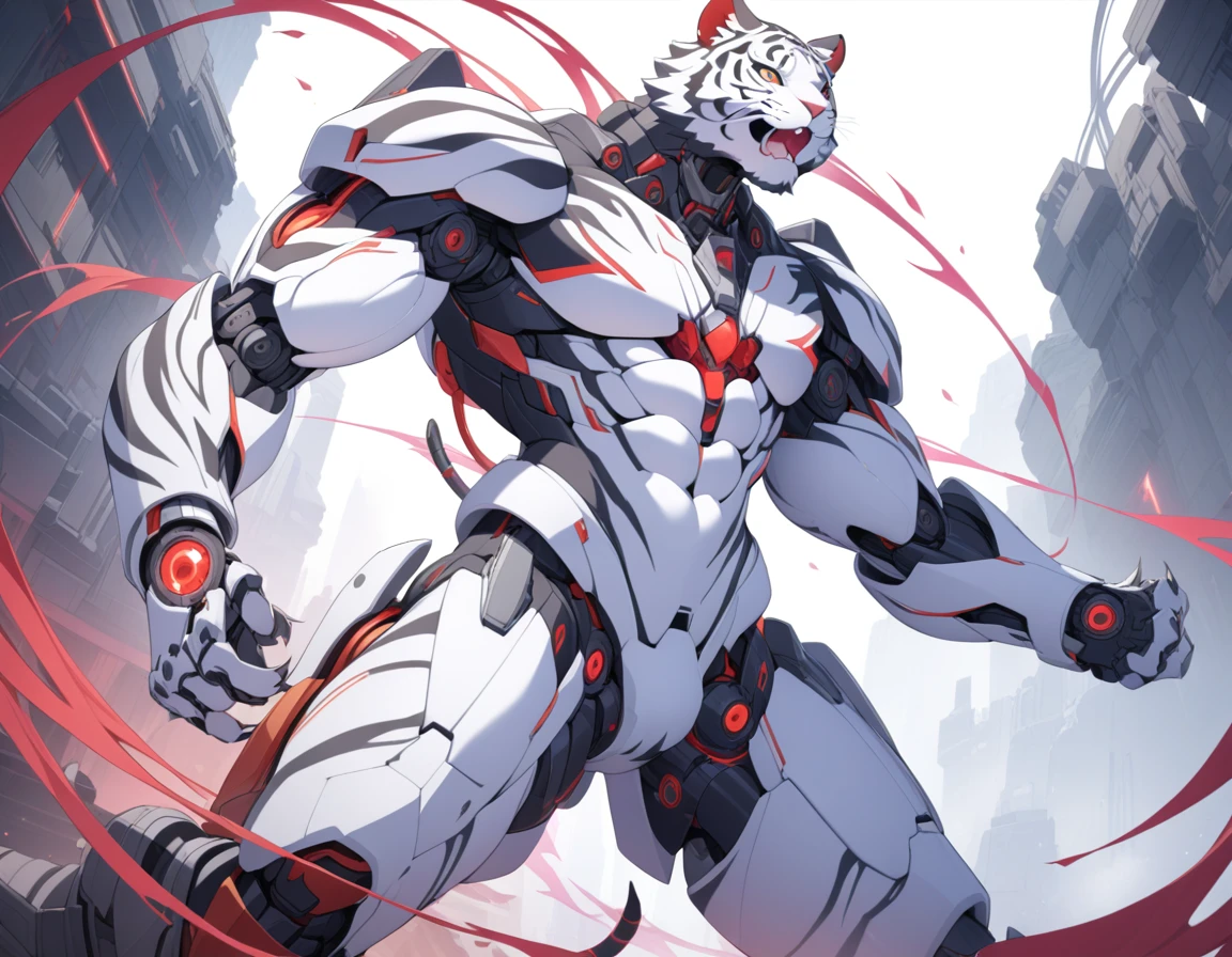 ((Masterpiece)), ((Best Quality)), (Very Detailed), ((Very Detailed)), 4K, (8K), very aesthetic, absurdres highres, Draw a futuristic robotic tiger. This Tiger's design combines organic elements with advanced mechanical elements. Tigers have white fur with black stripes and a slim, strong physique. Parts of the body are based on natural cat anatomy, while other parts have mechanical features such as exposed gears and metal plates, red glowing elements, and the eyes are red glowing. It has sharp fangs in its mouth, and metal plates can be seen on its body. Exposed gears can be seen rotating, front and hind legs are strong, and metal joints are visible. The claws are sharp and have red glowing energy flowing through them. action pose, dynamic angle,