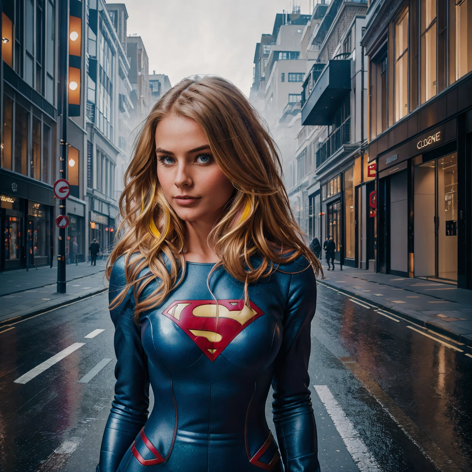 professional portrait photograph of a gorgeous 18 year,Norwegian girl Lise Olsen in london with long wavy blonde hair,blue eye,happy,sultry flirty look, gorgeous symmetrical face, cute natural makeup, cosplay as jim lee supergirl, ((standing outside in city street)), stunning modern urban environment, ultra realistic, concept art, elegant, highly detailed, intricate, sharp focus, depth of field, f/1. 8, 85mm, medium shot, mid shot, (((professionally color graded))), bright soft diffused light, (volumetric fog), trending on instagram, hdr 4k, 8k