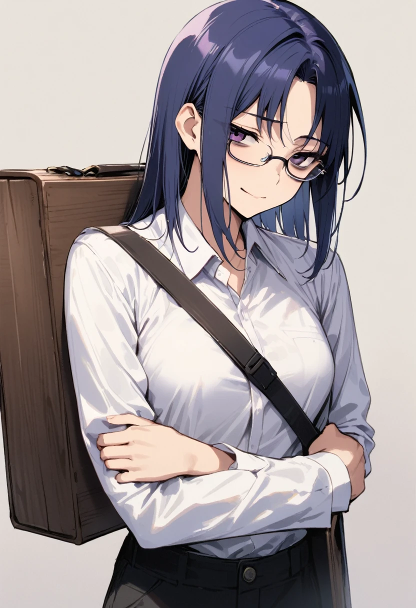 (adult), (man) ((tall)), ((ciel (tsukihime) )), masterpiece, best quality, very aesthetic, absurdres, shiny skin, Perfect face, Perfect shadowing, Perfect cloathing, skindentation, (dark blue hair)), messy fuss hair, purple eyes, colegial white shirt, black vest, glasses, ((black coat)), black cargo pants, colegial, carrying a wooden case with strap, bags under eyes, (faint smile), ((draw by asura)).