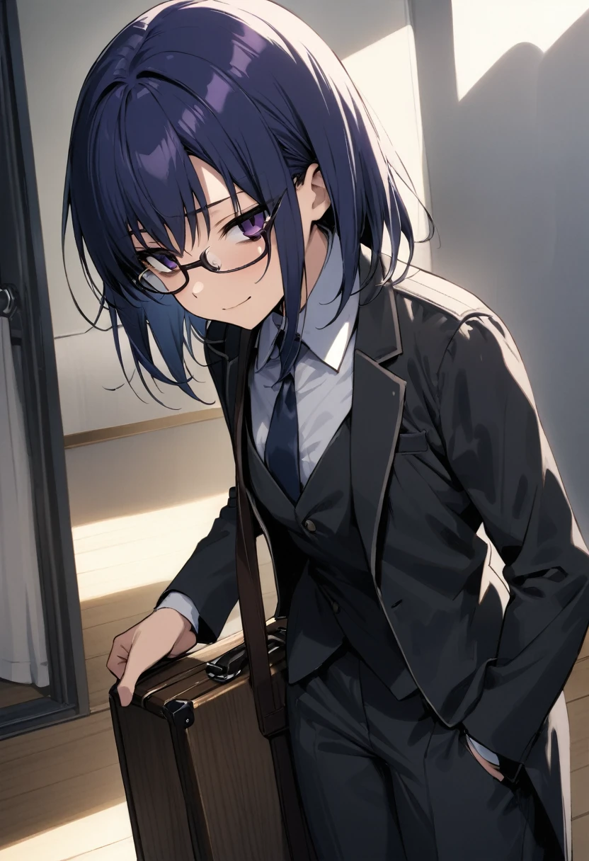 (adult), (man) ((tall)), ((ciel (tsukihime) )), masterpiece, best quality, very aesthetic, absurdres, shiny skin, Perfect face, Perfect shadowing, Perfect cloathing, skindentation, (dark blue hair)), messy fuss hair, purple eyes, colegial white shirt, black vest, glasses, ((black coat)), black cargo pants, colegial, carrying a wooden case with strap, bags under eyes, (faint smile), ((draw by asura)).