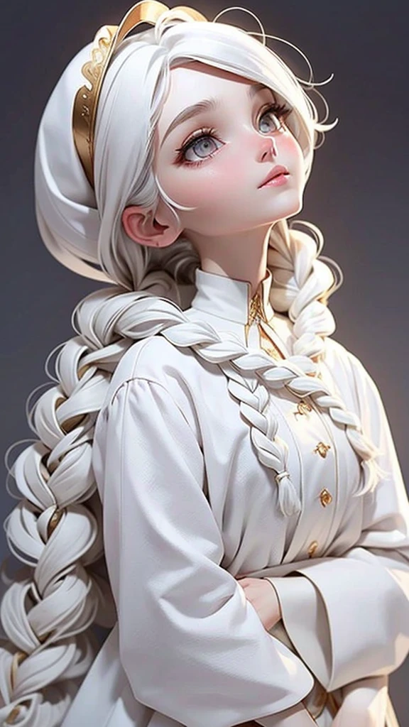 best quality, masterpiece,white hair, gold eyes,white clothes, looking up, upper body,hair strand,Fair skin,side braids