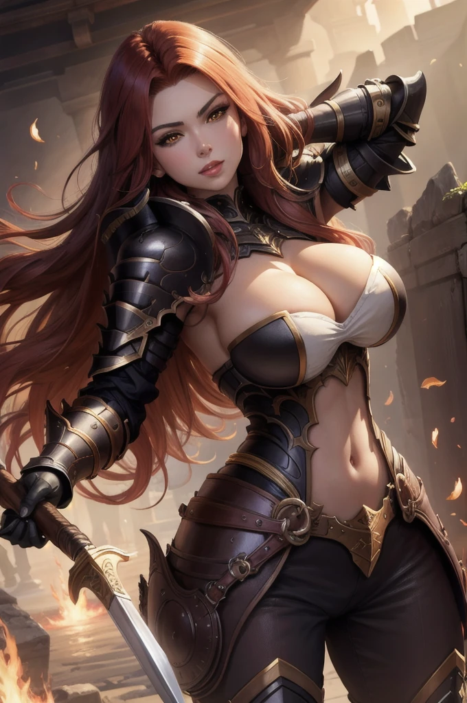 Masterpiece, detailed eyes, crimson red hair, dark skin, beautiful face, prominent cheek bones, Glowing yellow eyes, hkingrid, black armour, big breasts, giant breasts, bursting breasts, armour, guantlets, shoulder armour, gbfBK, sword