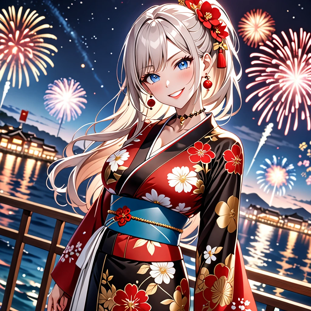((One personの女性)), Beautiful Face, (Laughing embarrassedly), (smirk:1.4), ((Wink:1.5)), (head tilt:1.3), Laugh with your mouth wide open, upper teeth, looking at viewer, (Doing sexy poses), ((Bright red cheeks:1.4)), Glossy Red Lips, night,Terrace with sea view, firework, Glossy pink lips, Shining Face, ((Anime style background)),masterpiece, Highest quality, so beautiful,up to date, Complex details, (long nails of red color), (nail art), (ring),(bracelet),(Floral choker), (helix piercing), AI-generated, Complex,High resolution, Highest quality, super high quality,3D Images、3D Images,One person,Long white hair,High Ponytail, Anime woman posing for a photo, ((blue eyes:1.2)), ((Fine grain、Silvery white eyes、Shining Eyes:1.1)), (Squint your eyes:1.1),a hyperRealistic , hyperRealistic , Realistic,Anime woman with long white hair, Smooth anime CG art, (A woman in a colorful kimono with gold embroidery), ((Black long sleeve kimono:1.3)), Red floral pattern,Long flower hair ornament,Earrings,Mature Body,(Big Breasts:1.2),Tall,Abdominal muscles,Tight waist, ((face focus:1.7)), (dutch angle:1.3),