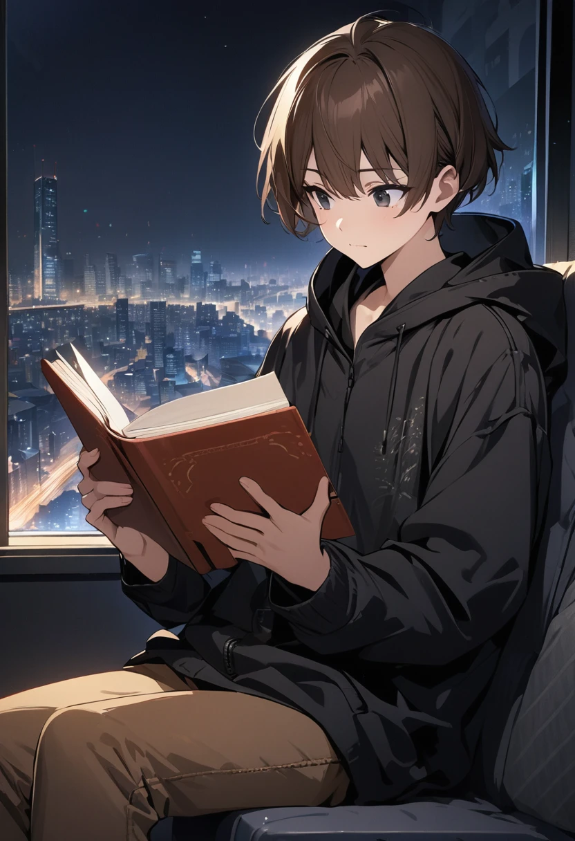 (BEST QUALITY), (MASTERPIECE), illustration, Extremely_detail, 4k wallpaper , midnight, man, black hoodie parka, brown jeans, 18 years old , brown Hair, short hair, black eyes, reading a book, smart, Background of the city