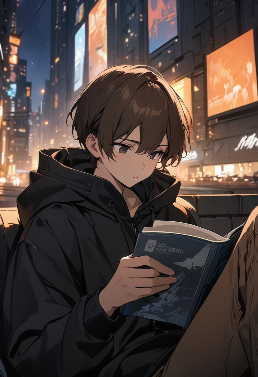 (BEST QUALITY), (MASTERPIECE), illustration, Extremely_detail, 4k wallpaper , midnight, man, black hoodie parka, brown jeans, 18 years old , brown Hair, short hair, black eyes, reading a book, smart, Background of the city