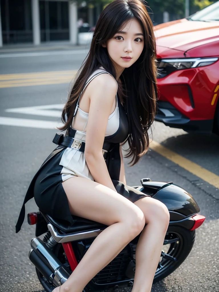 One motorcycle、parking、(Highest quality)、((Very detailed))、4K、(8K)、masterpiece、Very detailedな、Highest quality、Super Resolution、1 person、Kind Face、Soft Light、RAW quality、Soft Skin、163cm、30 years old、Long Hair、woman、Have a helmet、Waist、foot