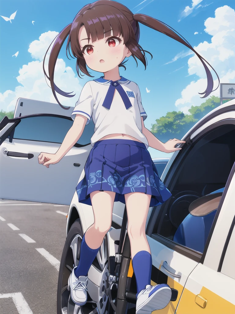 blue sky,cloud,In the car,sports car,Take the wheel,High-speed operation,1 Girl, 独奏, Red eyes,Fluttering Hair, Twin tails, brown hair,crawling,((顔 focus)),upper body floral shirt,Blue Skirt, bangs, eyebrows visible through hair, Flat Chest, 