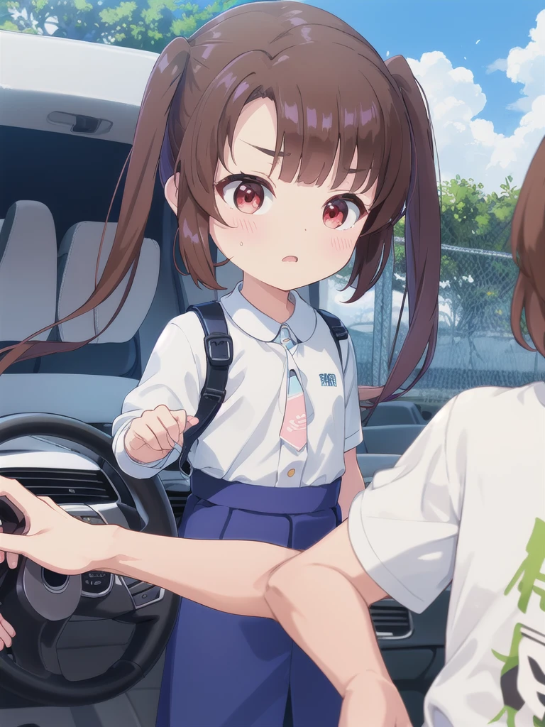 blue sky,cloud,In the car,sports car,Take the wheel,High-speed operation,1 Girl, 独奏, Red eyes,Fluttering Hair, Twin tails, brown hair,crawling,((顔 focus)),upper body floral shirt,Blue Skirt, bangs, eyebrows visible through hair, Flat Chest, 