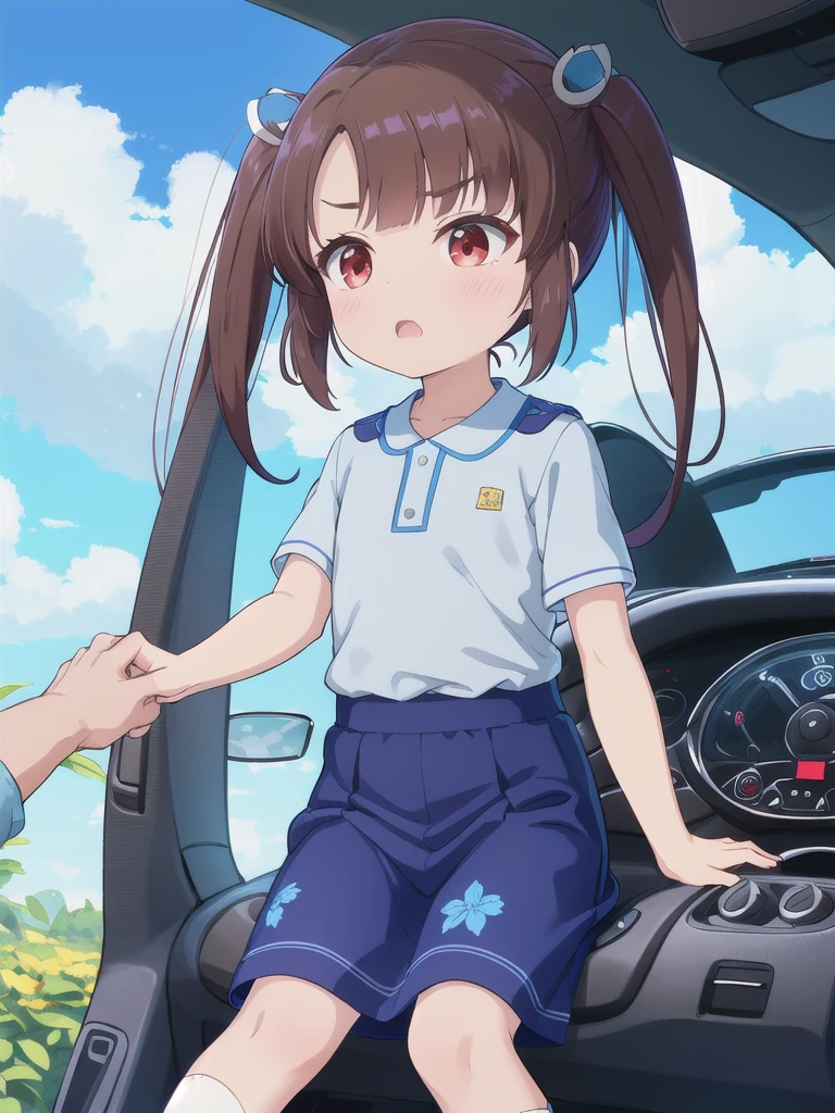 blue sky,cloud,In the car,sports car,Take the wheel,High-speed operation,1 Girl, 独奏, Red eyes,Fluttering Hair, Twin tails, brown hair,crawling,((顔 focus)),upper body floral shirt,Blue Skirt, bangs, eyebrows visible through hair, Flat Chest,