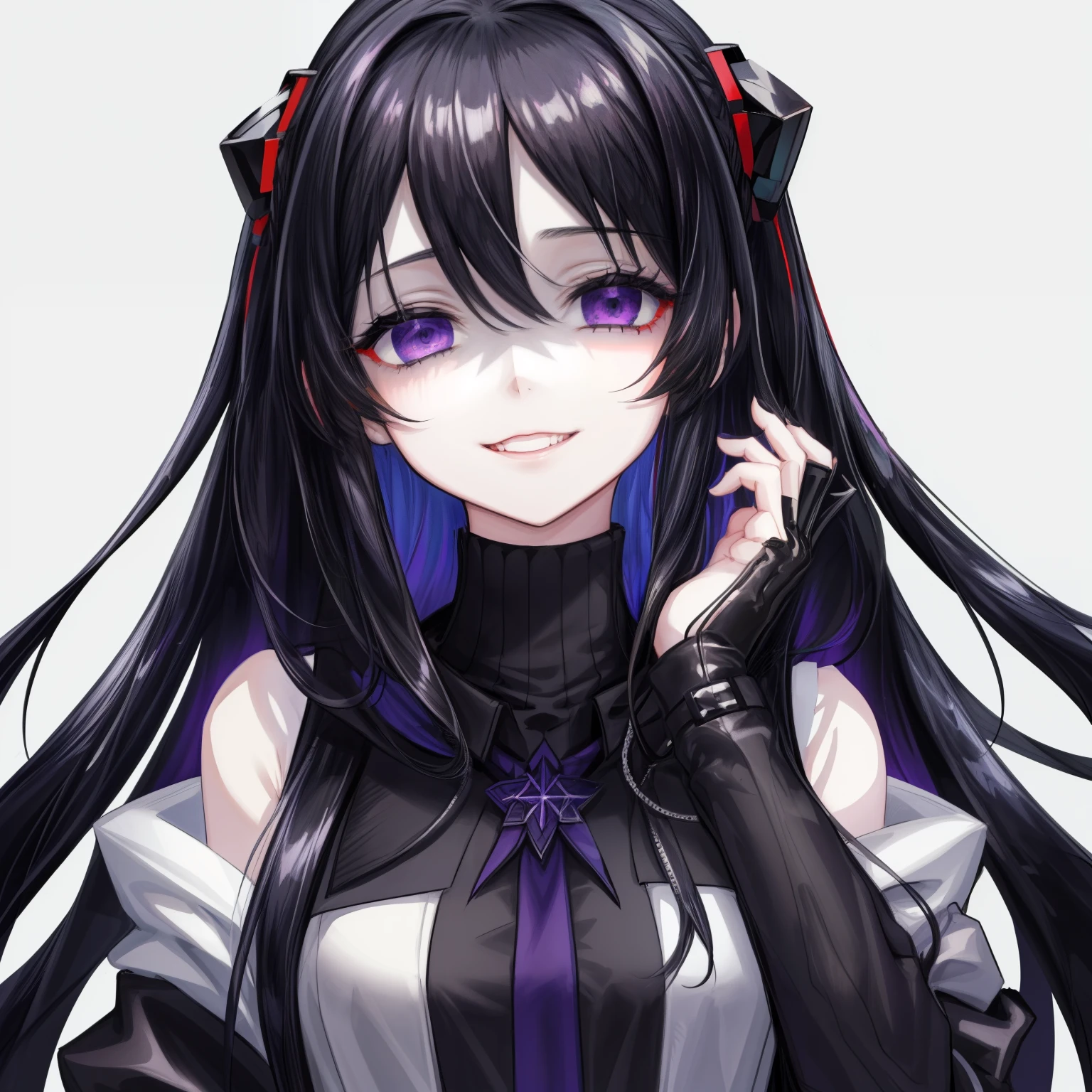 best quality, masterpiece, very aesthetic, half-length portrait, close shot, front view, facing_viewer, Front Facing,1 girl, black hair, long hair, monochromatic, pale face, crazy eyes, insane, sleeveless turtleneck, wearing coat with low hanging shoulders, purple eyes, looking_at_viewer, yandere face, gesugao, grin, black linings, stark white background, plain background, simple_background ,edgGesugao, yandere, perfect face, pretty
