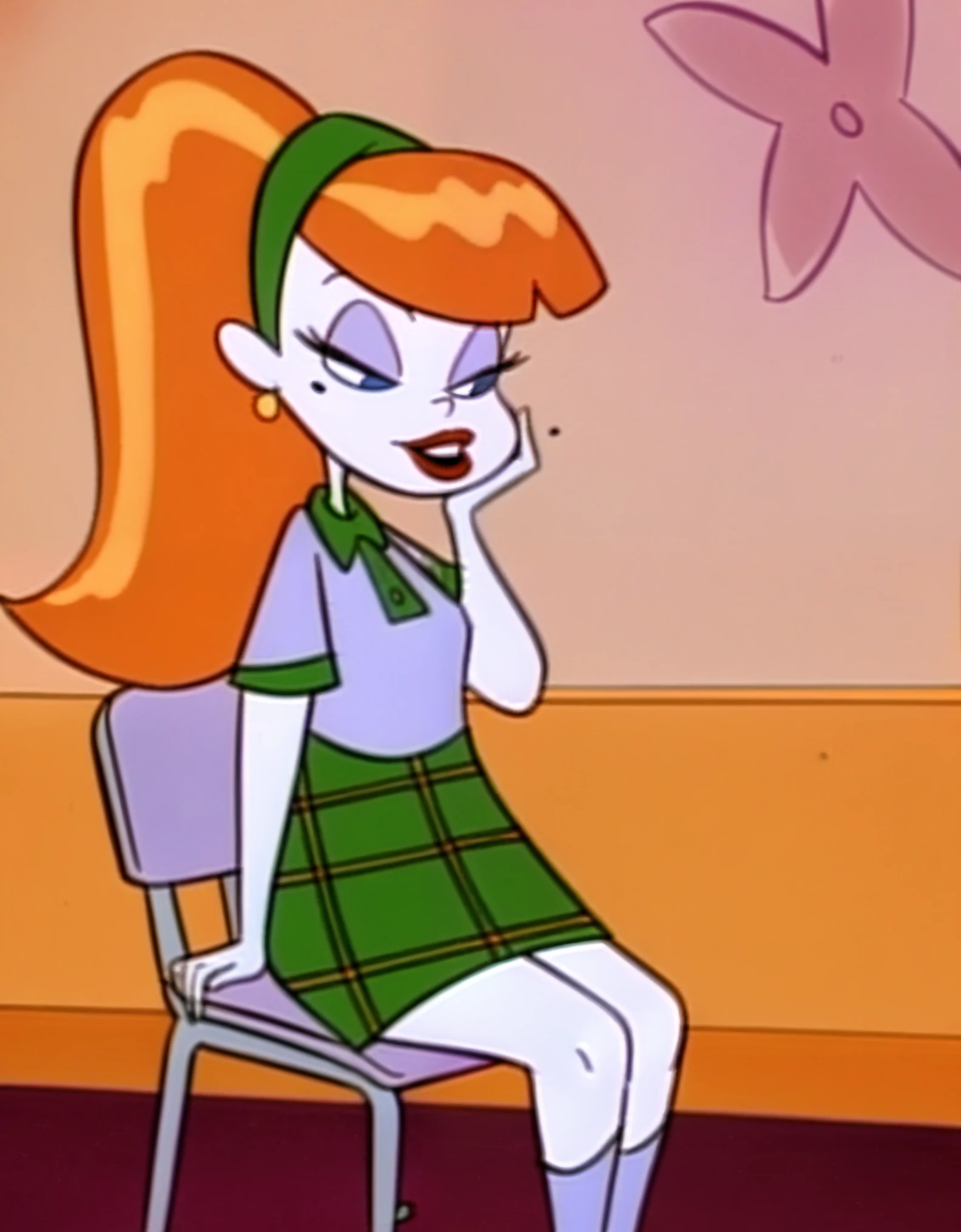 score_9, 1girl, solo, xwee-weex, orange hair, long hair, mole, ponytail, colored skin, makeup, earrings, hairband, green skirt,school_uniform , shirt, sitting on chair, in classroom,