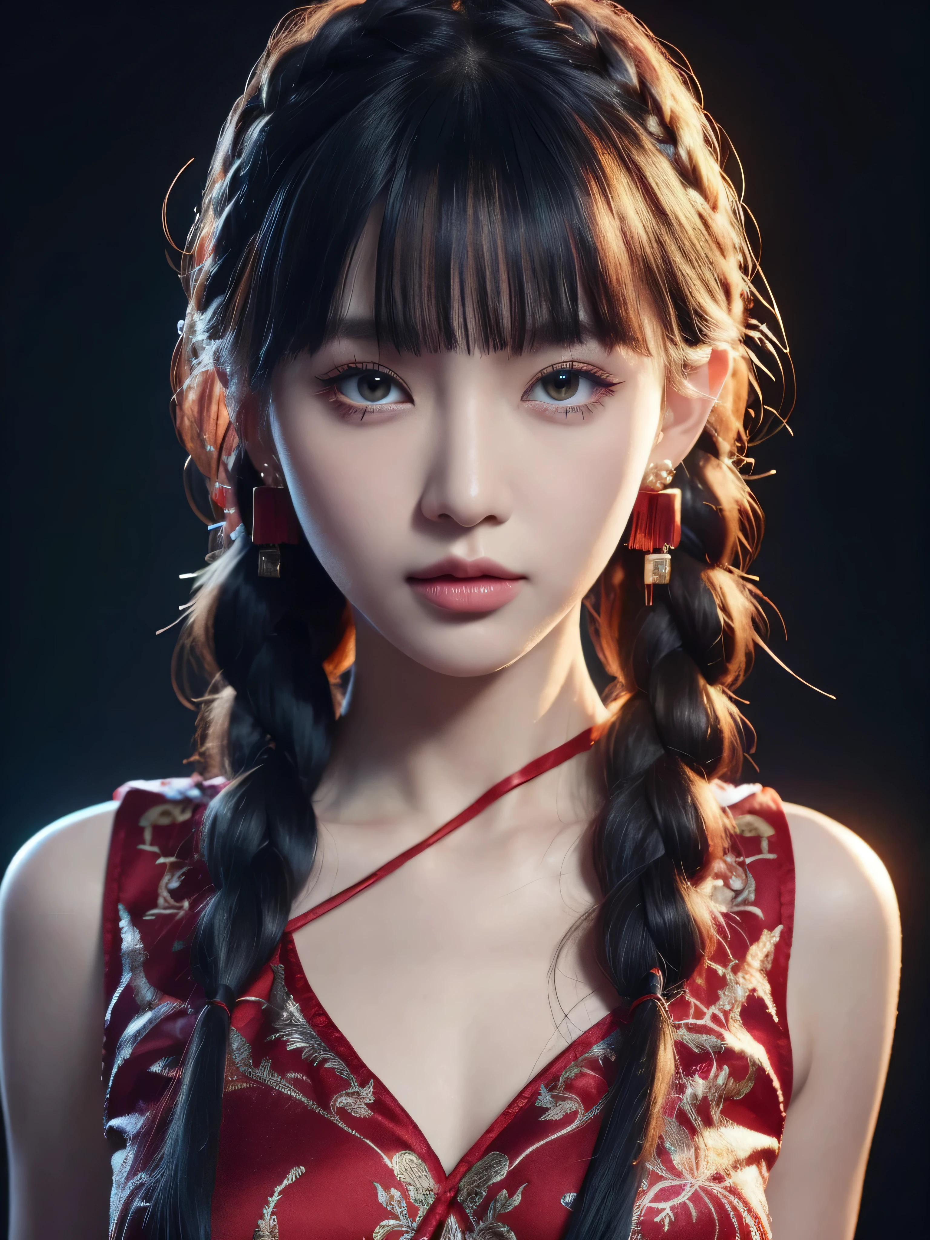 vibrant colors, female, masterpiece, sharp focus, best quality, depth of field, cinematic lighting, white hair, red eyes, braid, dress, long hair, red eyes, tattoo, earrings, jewelry, black dress, hair ornament, bangs, chinese clothes, sleeveless, close up photo