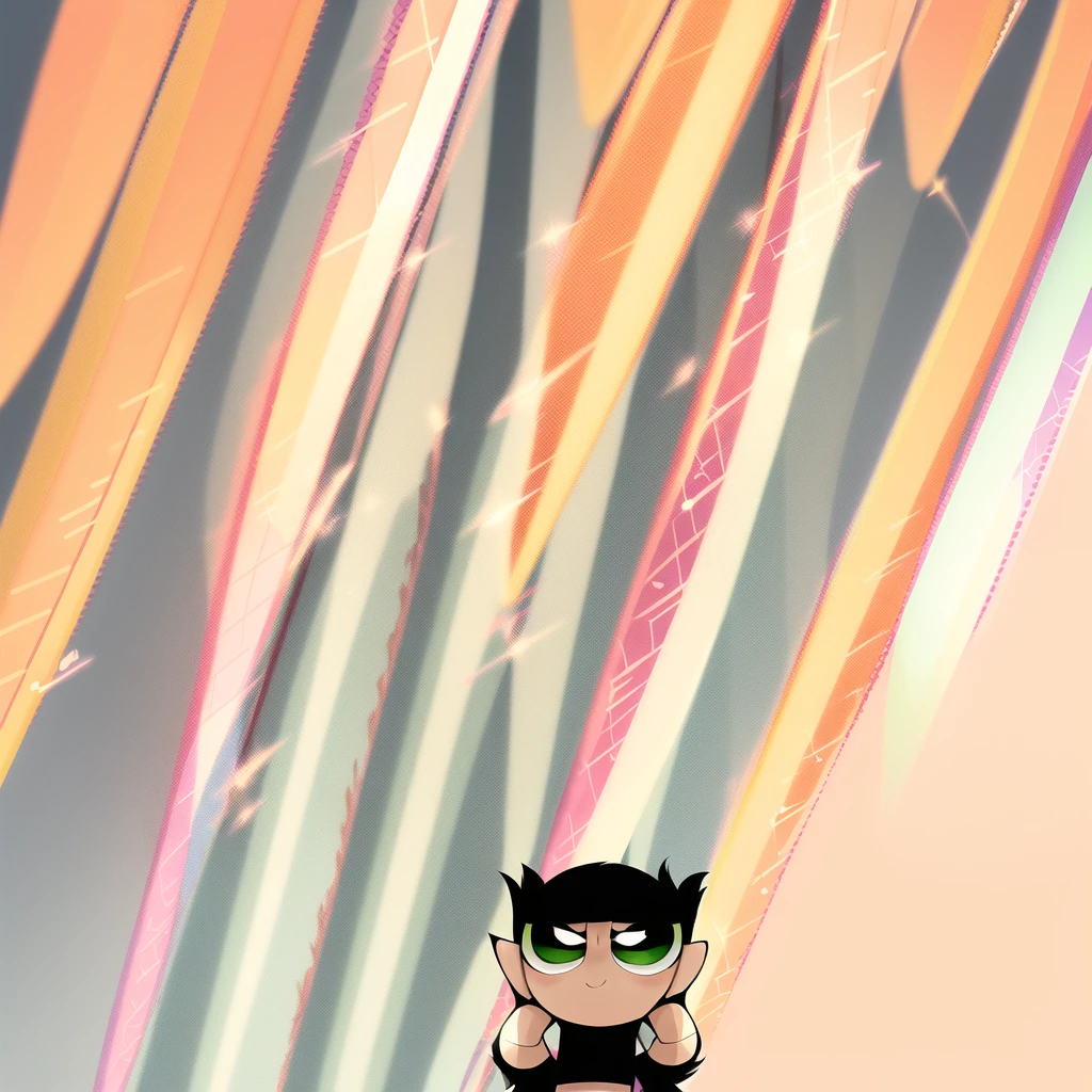 jianxindef, (long hair, gradient hair, black hair:1.3), chibi, 1girl, multicolored hair , green eyes,  gloves, jewelry, black shorts, asymmetrical gloves, (upper body),