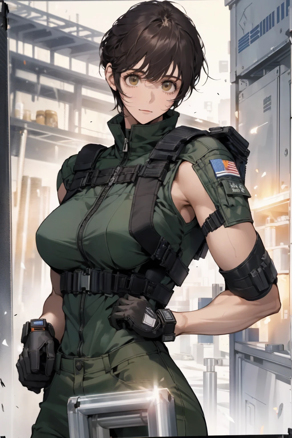 1 girl, Solitary, 30 years old, Chris Redfield, bule, Wearing a gray T-shirt, Fake laugh, Black shoulders,BSAA logo on shoulder, Military Tactical Suit, High target, breast, Break, best quality, masterpiece, high resolution:1.2, Upper body shooting, No background.